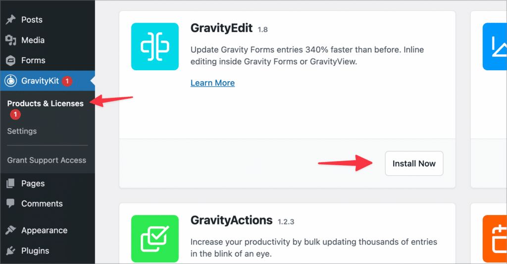 The 'Install Now' button for GravityEdit on the 'Products & Licenses' screen in the WordPress Admin area
