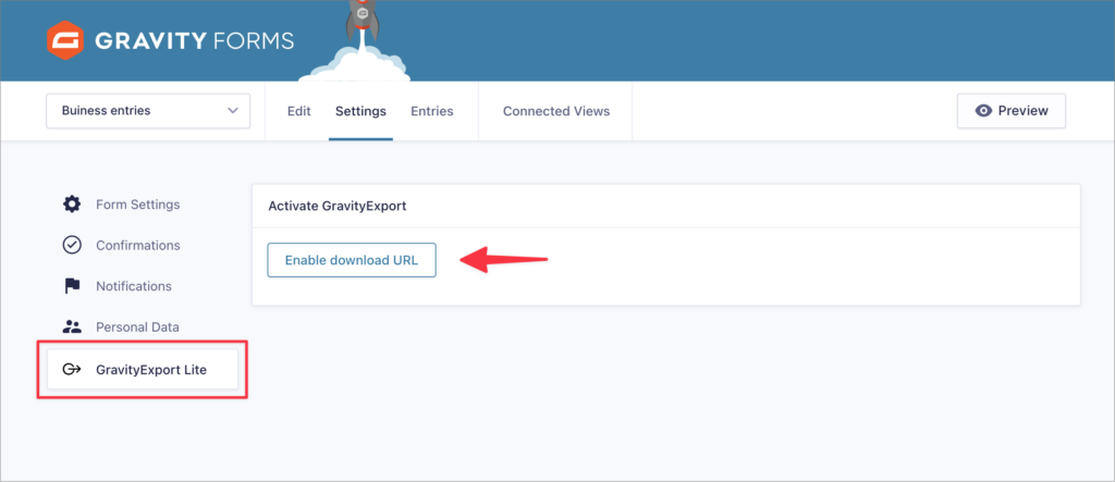 The 'Enable Download' button for the GravityExport Lite feed