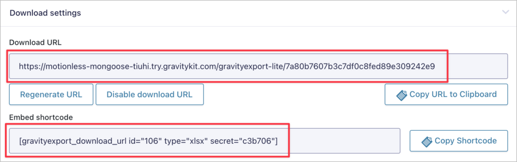 The download URL for downloading an excel spreadsheet of form entries; underneath is the shortcode for embedding the download link on a page or post