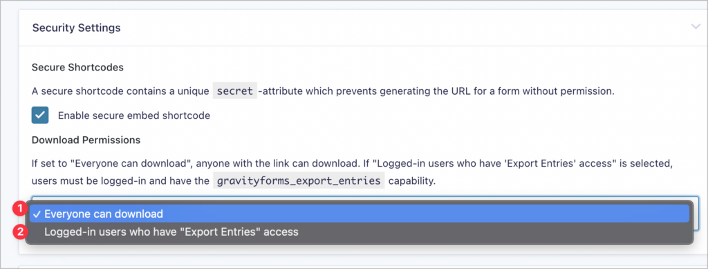 GravityExport Lite security settings; change the download permissions to protect your Excel data