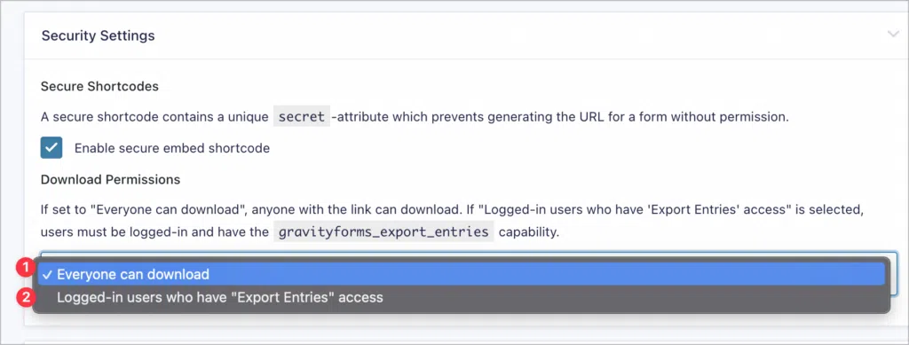 GravityExport Lite security settings; change the download permissions to protect your Excel data