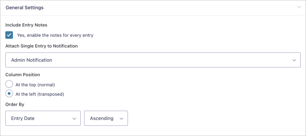 The GravityExport Lite general settings; there is a checkbox to include entry notes, an option to attach reports to email notifications, an option to change the column position, and an option to sorting data by date