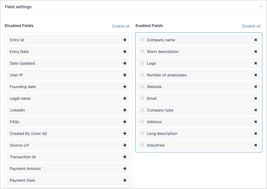 two columns labeled 'Disabled Fields' and 'Enabled Fields' respectively.