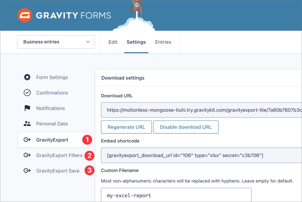 Three feeds labeled 'GravityExport', 'GravityExport Filters', and 'GravityExport Save'