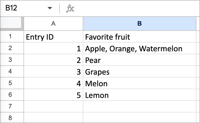 An excel spreadsheet with two columns: 'Entry ID', and 'Favorite fruit'