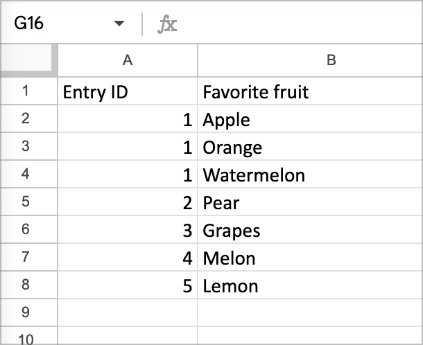 An excel spreadsheet with two columns: 'Entry ID', and 'Favorite fruit'; where favorite fruit was multiple values, there are now multiple rows