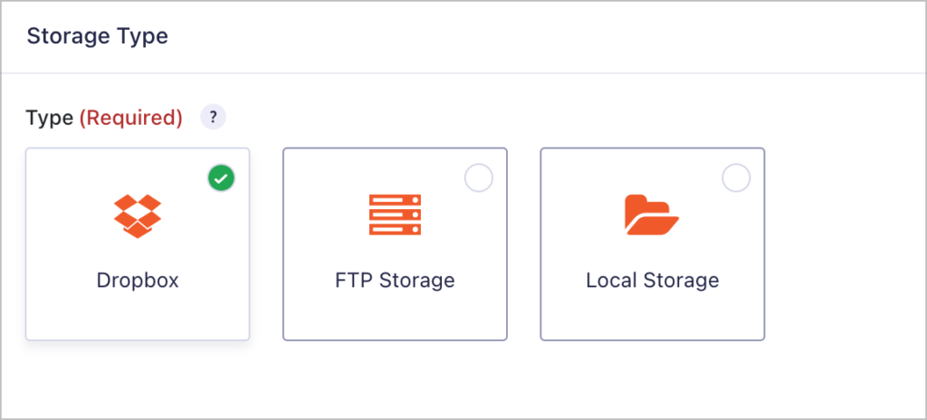 A setting labeled 'Storage type'; there are three options: Dropbox, FTP Storage and Local Storage