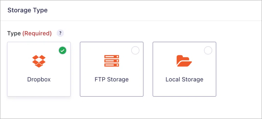 A setting labeled 'Storage type'; there are three options: Dropbox, FTP Storage and Local Storage