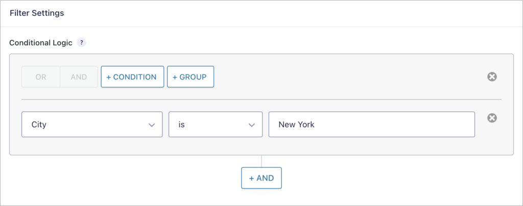Conditional logic settings in GravityExport, allowing you to filter entries based on complex conditions