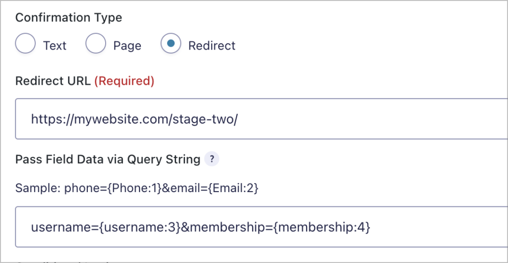 A Gravity Forms confirmation; the type is 'Redirect', there is a redirect URL and there are query strings added to the URL