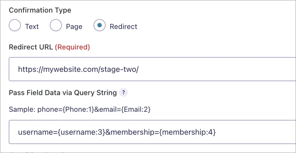 A Gravity Forms confirmation; the type is 'Redirect', there is a redirect URL and there are query strings added to the URL