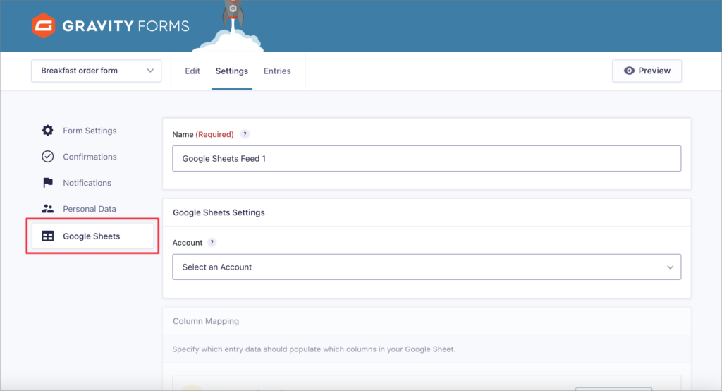 The Google Sheets feed added by the Gravity Connect Google Sheets plugins
