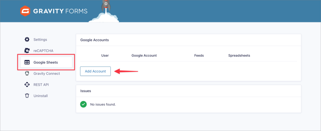 The 'Add Account' button on the Google Sheets settings page.