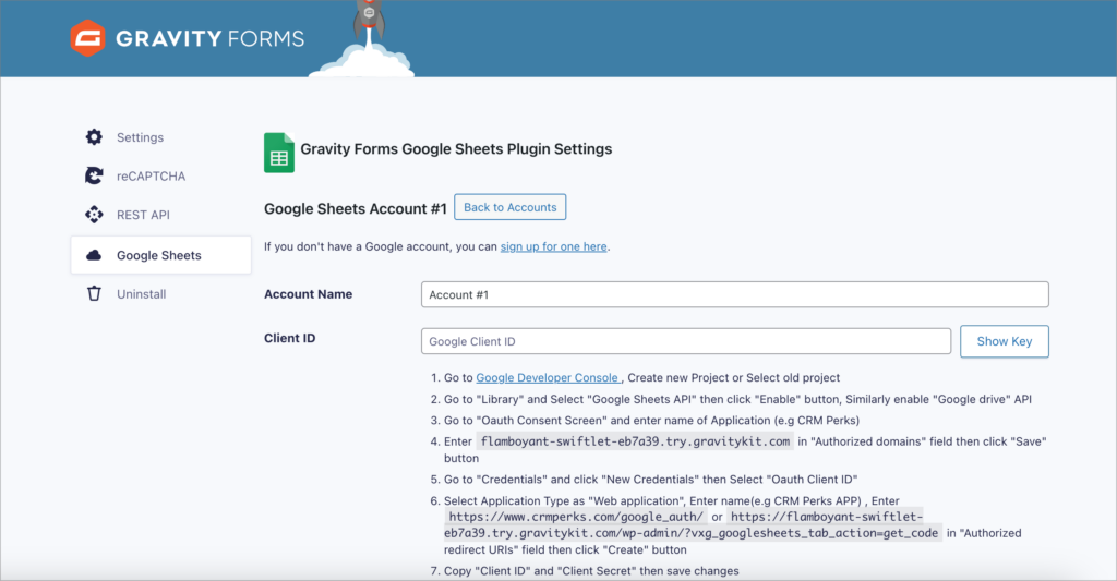 The 'Google Sheets' settings page for linking an account