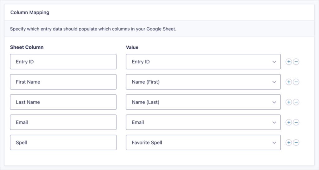 Column mapping—mapping form fields to spreadsheet columns