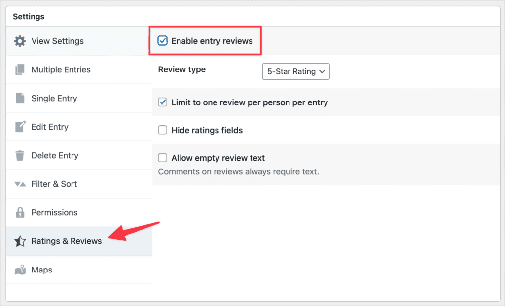 A checkbox titled 'Enable entry review' in the GravityView Ratings and Reviews settings