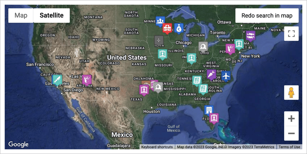 The GravityView Maps layout showing markers on a Google Maps map.