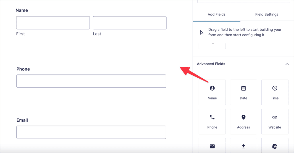 The Gravity Forms visual builder, where you can drag and drop fields from the right-hand panel into the form