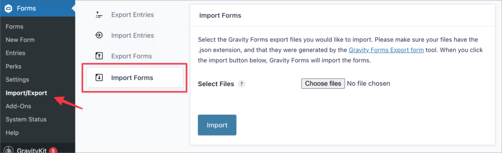 The 'Import Forms' page in Gravity Forms