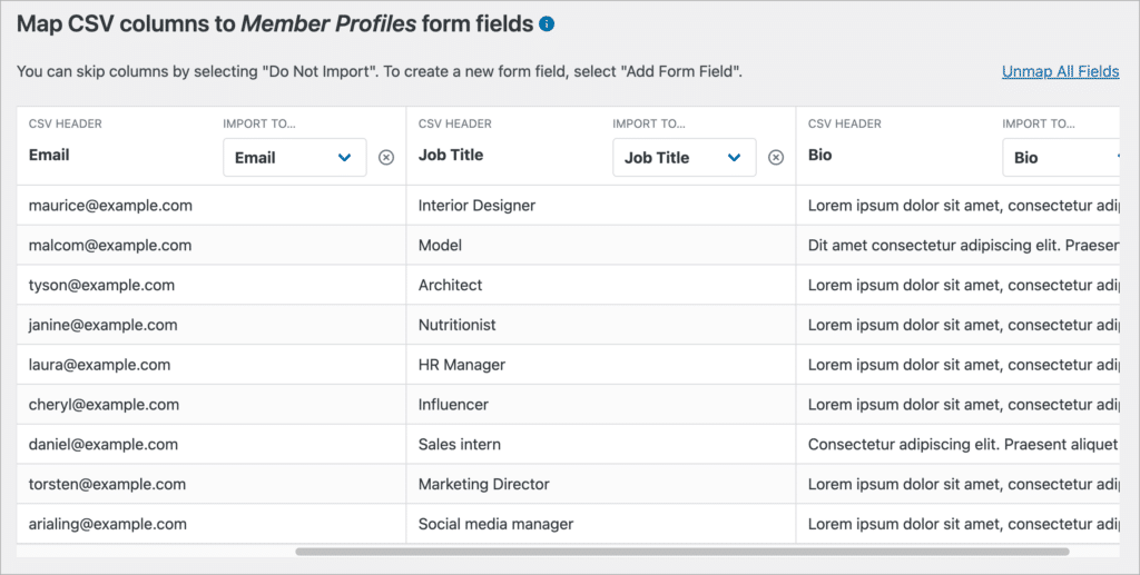 Mapping fields from the uploaded CSV file to the correct fields in Gravity Forms during the import process