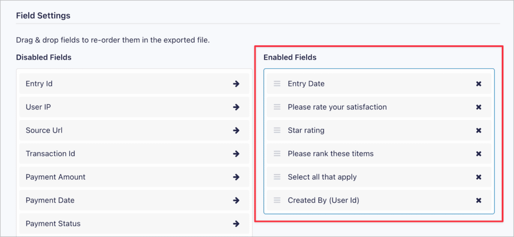 Two columns showing enabled and disabled fields