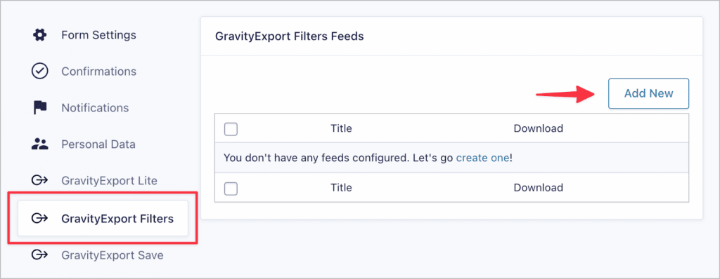 The 'Add New' button on the GravityExport Filters feed page