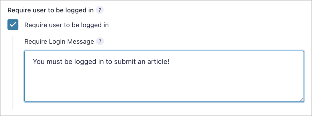 A checkbox in the Gravity Forms settings labeled 'Require user to be logged in'