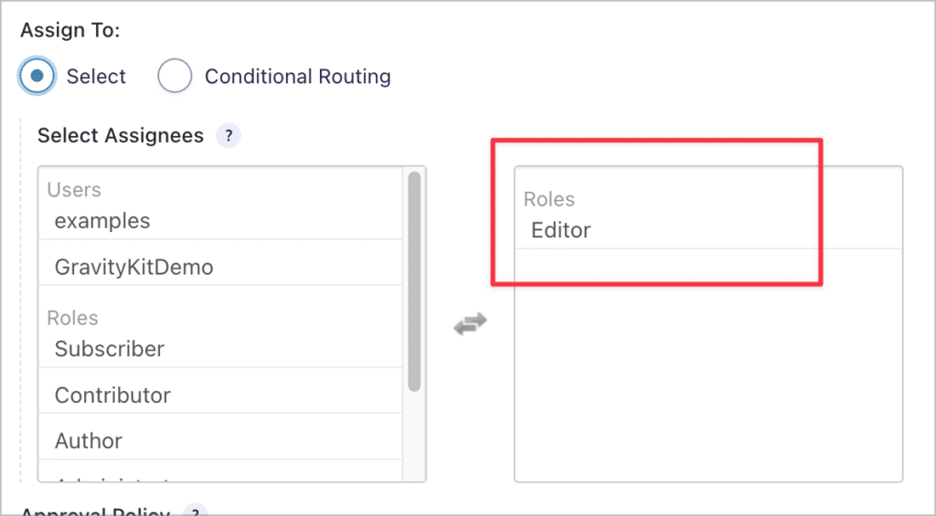 Selecting the 'Editor' user role as the assignee for the workflow step