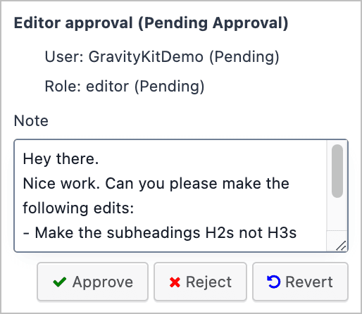 The Editor approval step. There is a note that reads 'Hey there. Nice work. Can you please make the following edits: - make the subheadings H2s not H3s...'