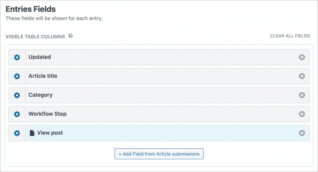 The 'Entries Fields' section of the GravityView View editor'