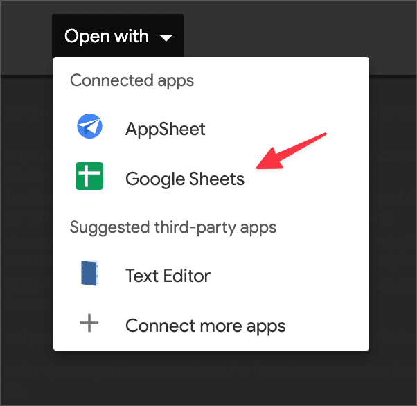 The 'Google Sheets' option under the 'Open with' drop down field