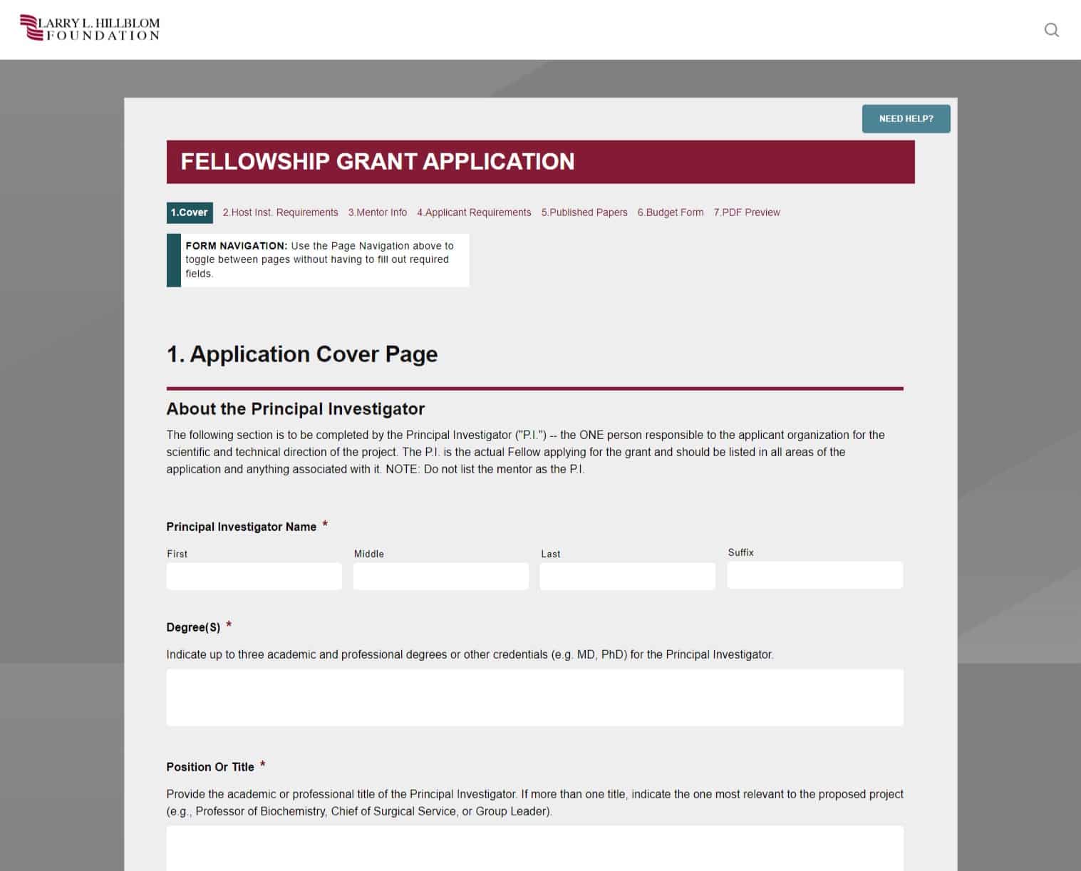 The grant application form (built using Gravity Forms) for the Larry L. Hillblom Foundation.