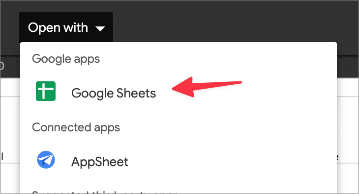 The 'Google Sheets' option under the 'Open with' drop down field