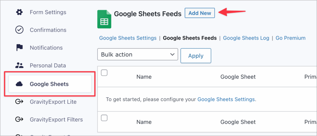 The 'Add New' button on the Google Sheets feed page in Gravity Forms