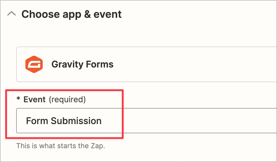 The 'Event' field set to 'Form Submission' for Gravity Forms
