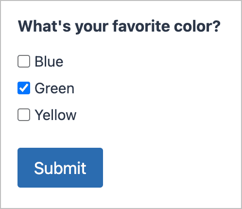 A Gravity Forms with a checkbox field labeled 'What's your favorite color'. There are three options: 'Blue', 'Green', 'Yellow'.