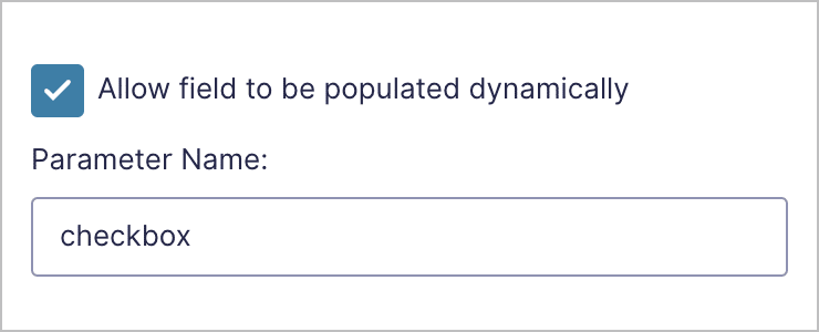 A checkbox labeled 'Allow field to be populated dynamically' in the Advanced field settings for a Gravity Forms form field