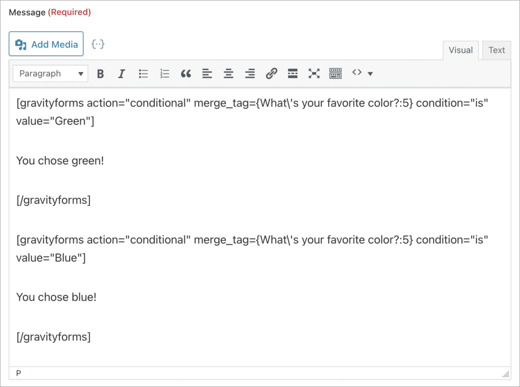 The Gravity Forms notification message box <a href=