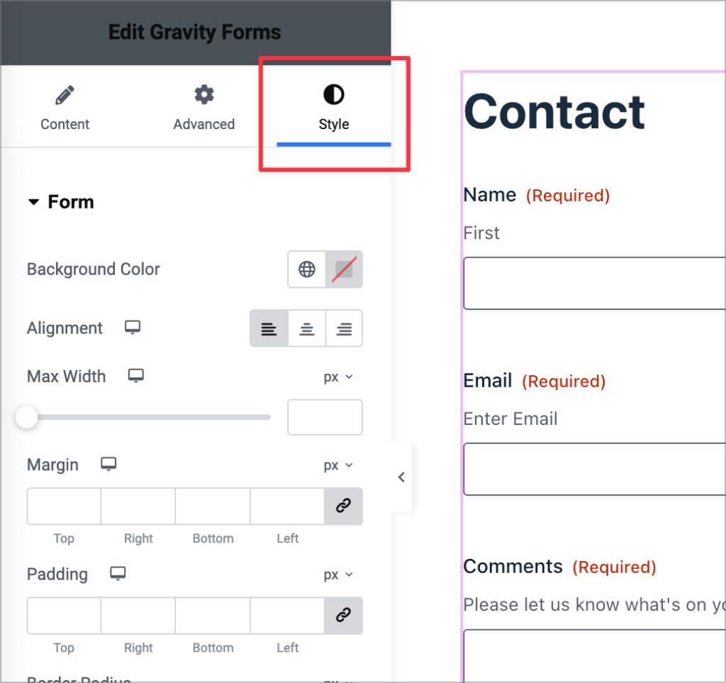 The Gravity Forms Widget for Elementor style options