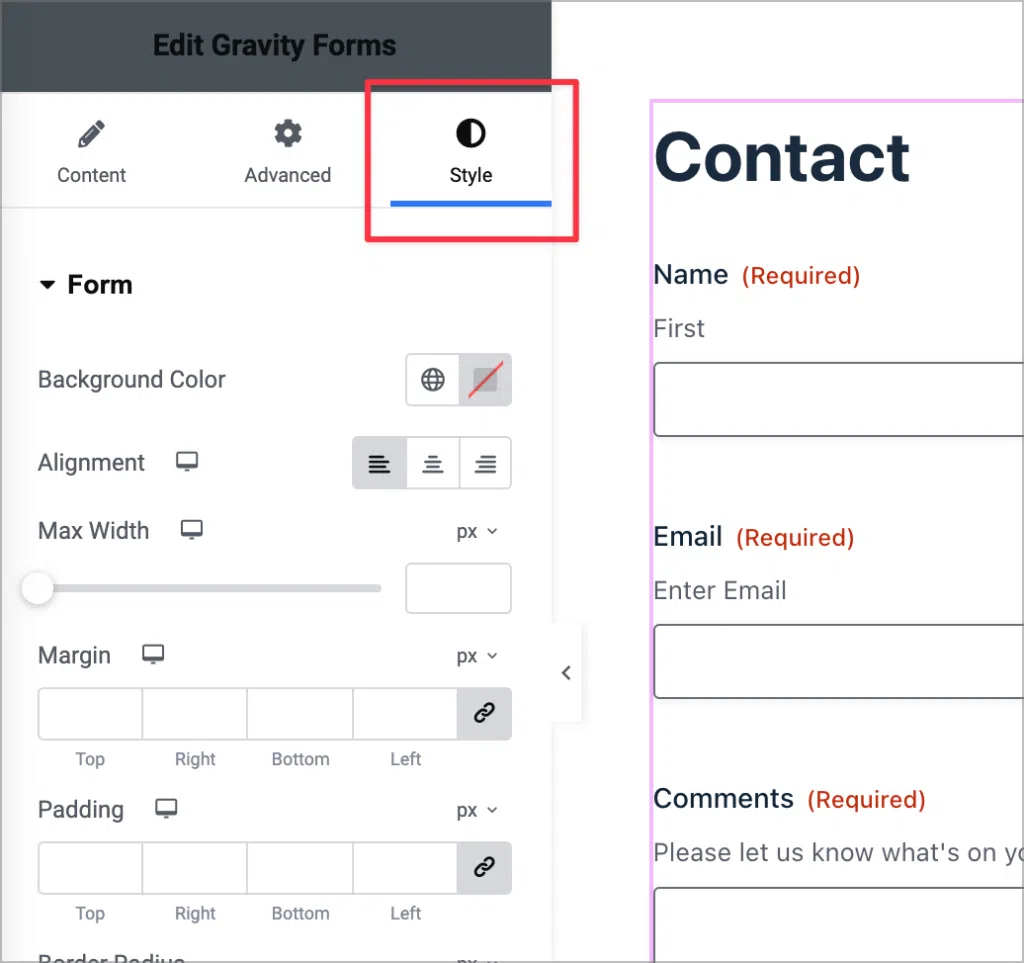 The Gravity Forms Widget for Elementor style options