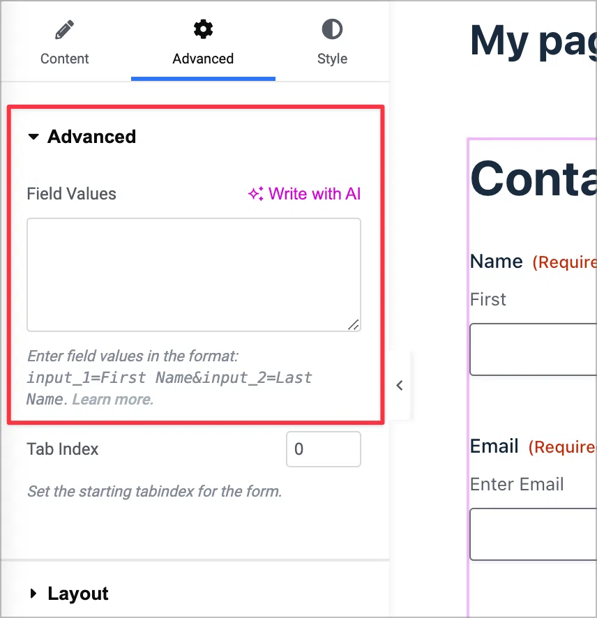 The 'Advanced' tab for the Gravity Forms widget in Elementor; here this is an input box labeled 'Field Values'.