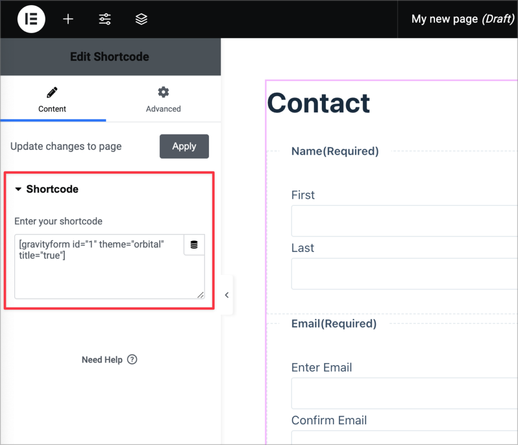 Inside the Elementor editor, a box with the title "Enter your shortcode" is displaying the Gravity Forms shortcode