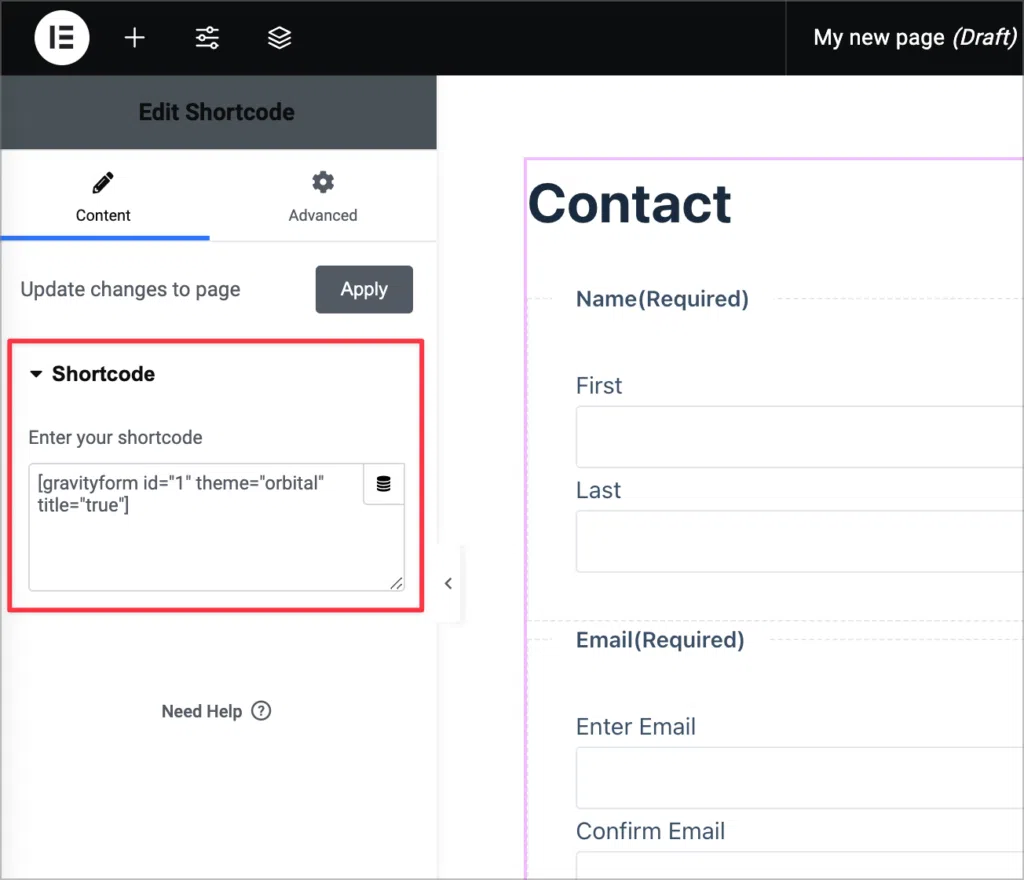 Inside the Elementor editor, a box with the title "Enter your shortcode" is displaying the Gravity Forms shortcode