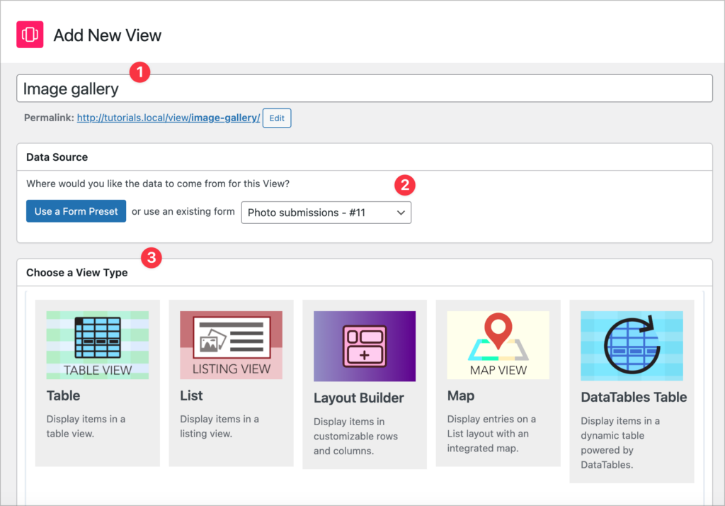 The GravityView View creation screen.