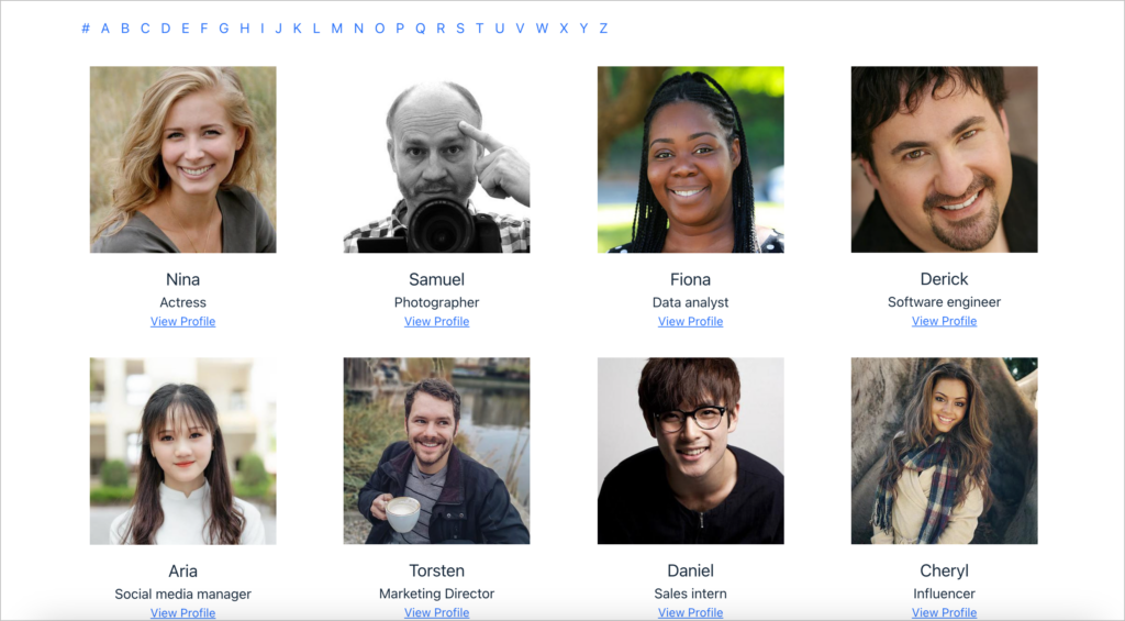 A member directory showing each member's profile image in a searchable grid