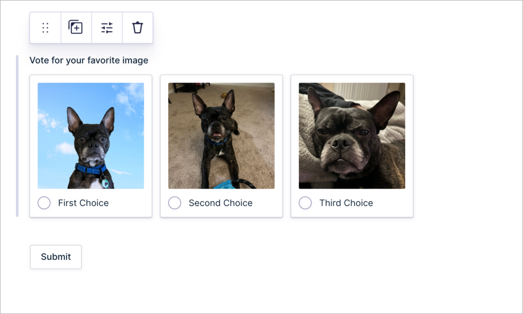 The Gravity Forms Image Choice field showing 3 choices each associated with a cute image of a dog.
