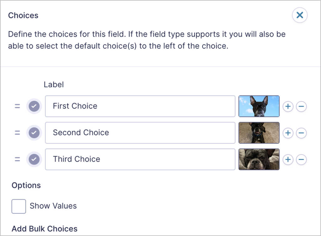 The fly out menu in Gravity Forms for editing the choices of an Image Choice field.
