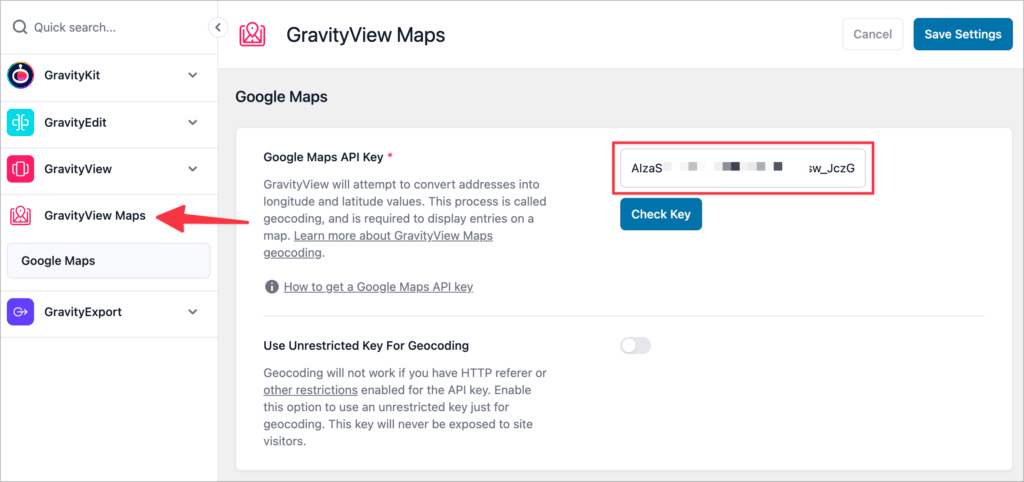 The Google Maps API key in the GravityView Maps settings