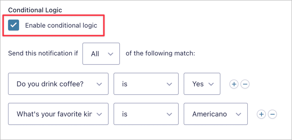 Conditional logic settings for Notifications in Gravity Forms