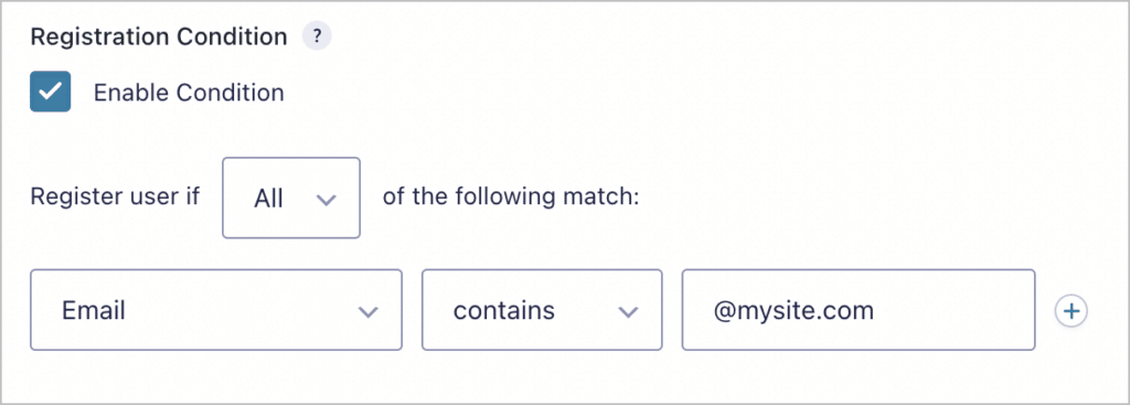 The conditional logic settings for the Gravity Forms User Registration add-on